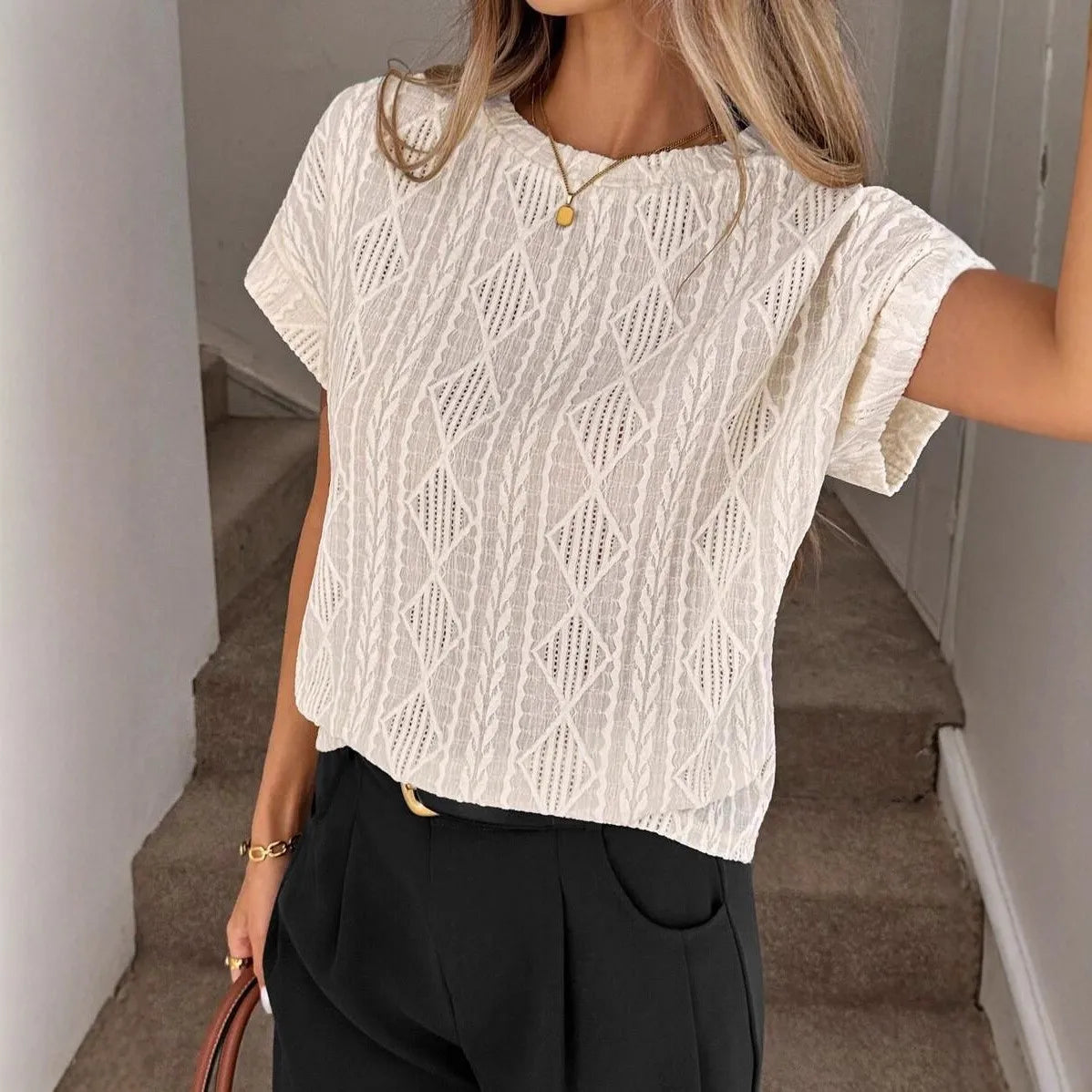 Women's Casual Round Neck Jacquard Short Sleeve Top T-shirt Leisure Commute Women Clothing