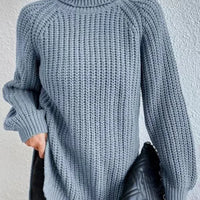 Turtlenecks Women Pullovers Mid-Long Casual Knit Sweater Fad Raglan Sleeves Side Slit Sweater New Skirt-style Jumper