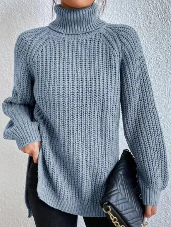 Turtlenecks Women Pullovers Mid-Long Casual Knit Sweater Fad Raglan Sleeves Side Slit Sweater New Skirt-style Jumper