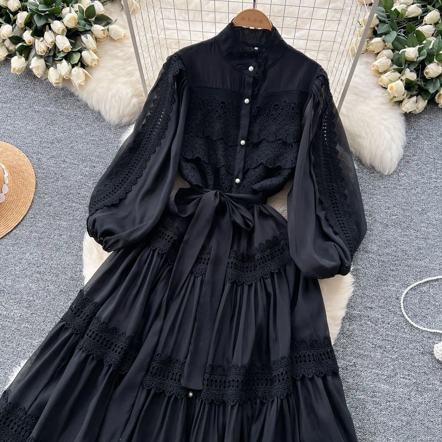 Elegant Hollow Out Organza Long Maxi Dresses Shirt Women  Layer Ruffle Full Sleeve Pearl Evening Party Dress