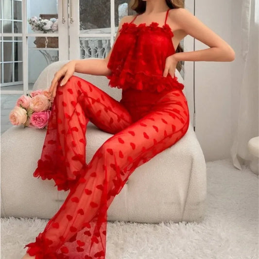 Women Pajamas Strap Lace Top Transparent Pants Sexy Lingerie Women Mesh Love Pants Camisole Halter Tops Hot Women's Night Shirts