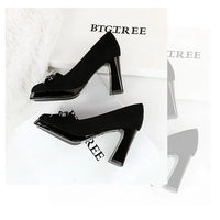Chunky Block Heels Women Pumps Bow Decoration High Heels Square Headed Platform High Heels Suede Ladies Shoes