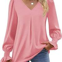 Fashion Simple Solid Color Pullover Shirt Women Loose V-neck Flared Sleeve Shirts Top Female Elegant Commuting Clothing