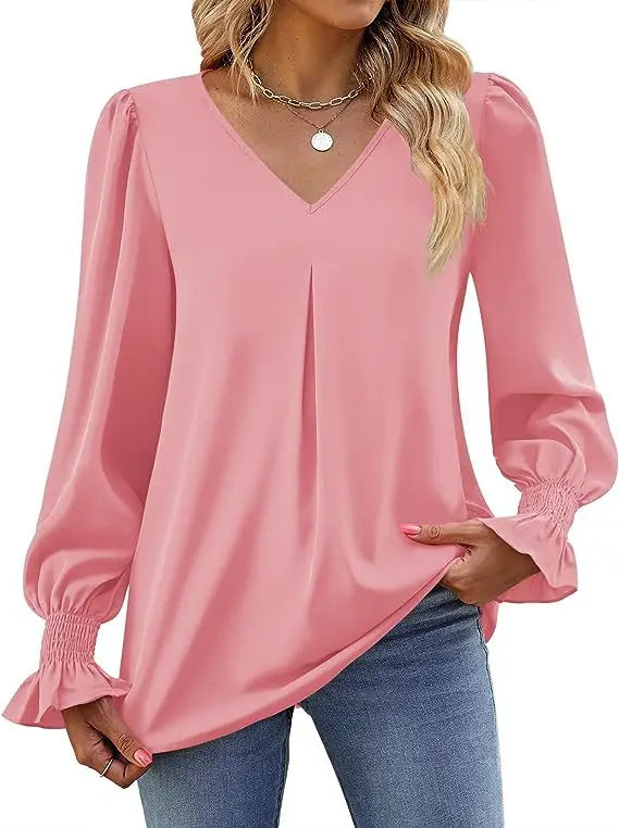 Fashion Simple Solid Color Pullover Shirt Women Loose V-neck Flared Sleeve Shirts Top Female Elegant Commuting Clothing