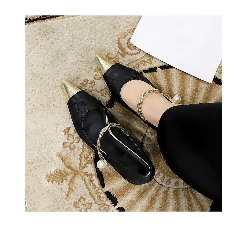 Metal Decoration Buckle Strap Women's Low Thin Heels Pumps Pointed Toe Wedding Party Shoes