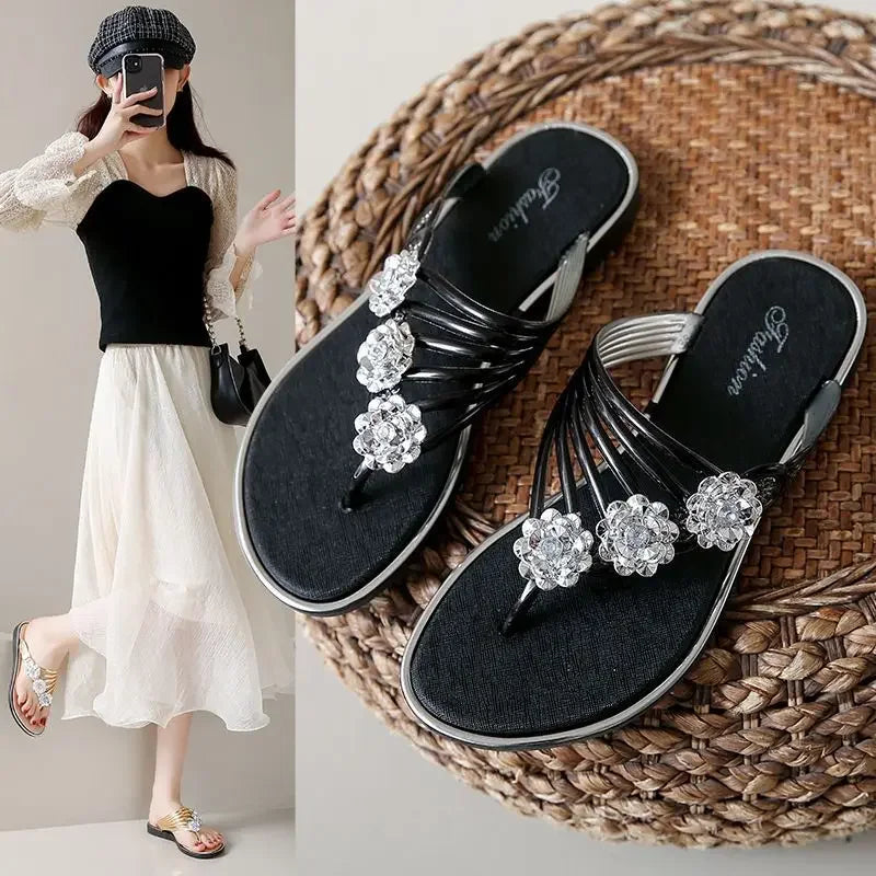 Women's Flat Sandals Summer Outdoor Beach Shoes Silver Clip Board Slippers with Three Flowers And Sequins PVC Material - Natalia Home Fashion