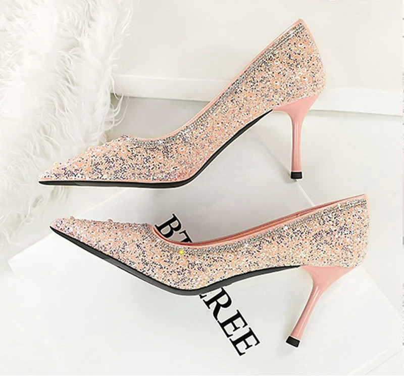 Fashion String Bead Women Pumps Elegant Ladies Thin Heels Wedding Dress Shoes - Natalia Home Fashion