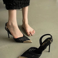 Elegant Hollow Out Woven Stiletto Sandals Women Pointed Toe Metal Straps High Heels