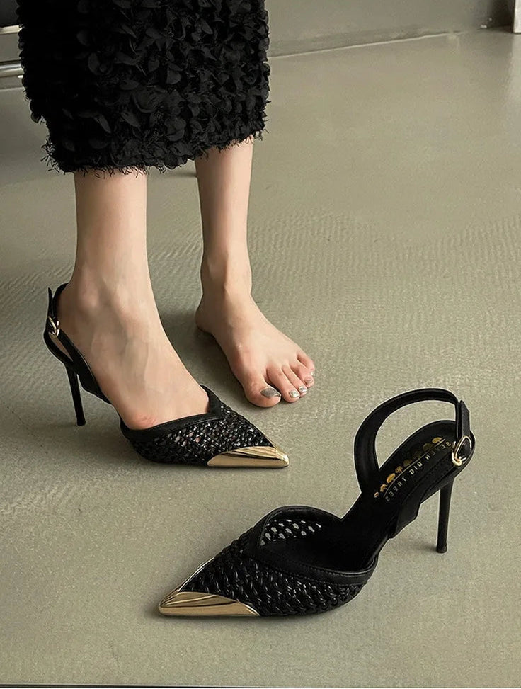 Elegant Hollow Out Woven Stiletto Sandals Women Pointed Toe Metal Straps High Heels