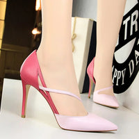 Women 9.5cm High Heels Sandals Nightclub Stripper Heels Sexy Patchwork Party Ankle Strap 2 tone Shoes