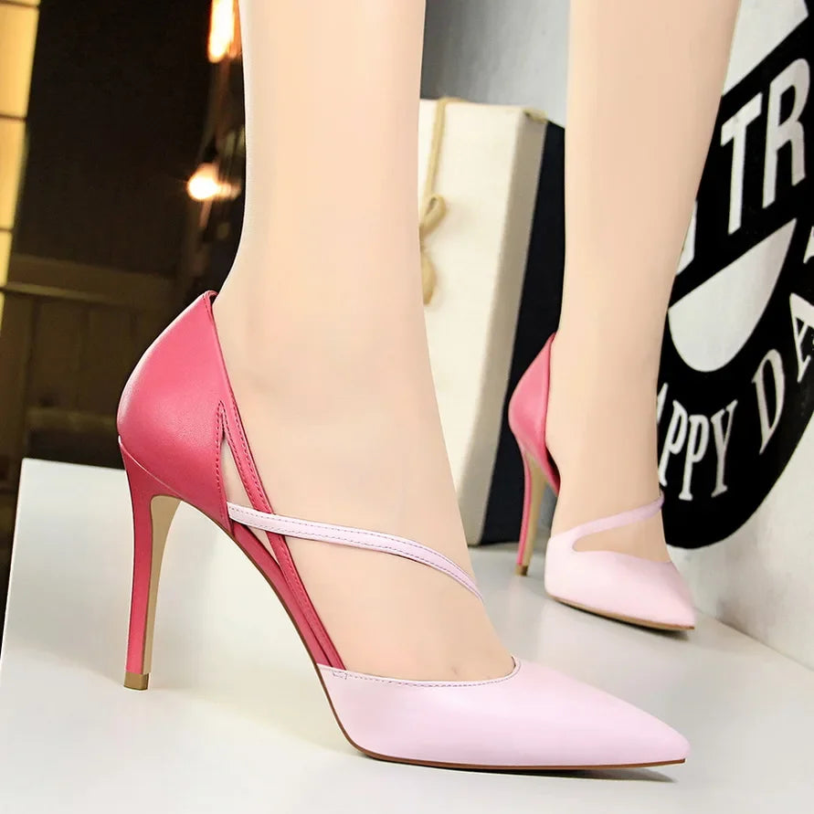Women 9.5cm High Heels Sandals Nightclub Stripper Heels Sexy Patchwork Party Ankle Strap 2 tone Shoes