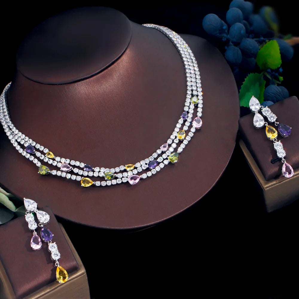 ThreeGraces Shiny Colorful Cubic Zirconia 3 Rows Multi Layer Bridal Wedding Choker Necklace Earrings Jewelry Set for Women TZ784 Natalia Home Fashion    Natalia Home Fashion