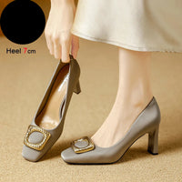 Basic Shallow Square Toe Women Pumps High Quality PU Leather Matte Thick Heel Office Shoes Woman Maroon 7CM High Heels