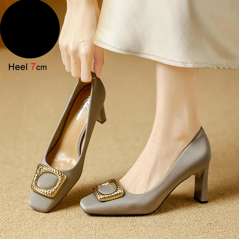 Basic Shallow Square Toe Women Pumps High Quality PU Leather Matte Thick Heel Office Shoes Woman Maroon 7CM High Heels