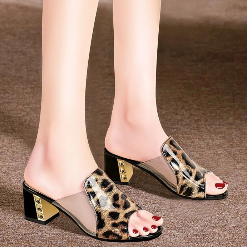 Trendy Versatile Sandals PU Material Leopard Print Women's Thick Heel Slippers for External Wear - Natalia Home Fashionsandals