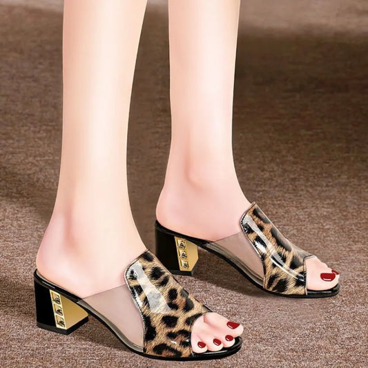Trendy Versatile Sandals PU Material Leopard Print Women's Thick Heel Slippers for External Wear - Natalia Home Fashionsandals