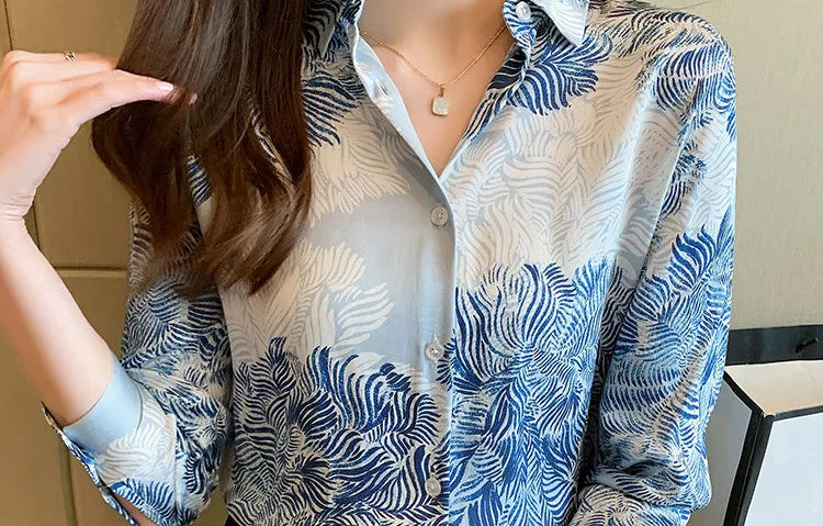 French Printed Lapel Shirt Long Sleeve Loose Mulberry Silk Top Temperament Commuting Shirt Women's Summer Style