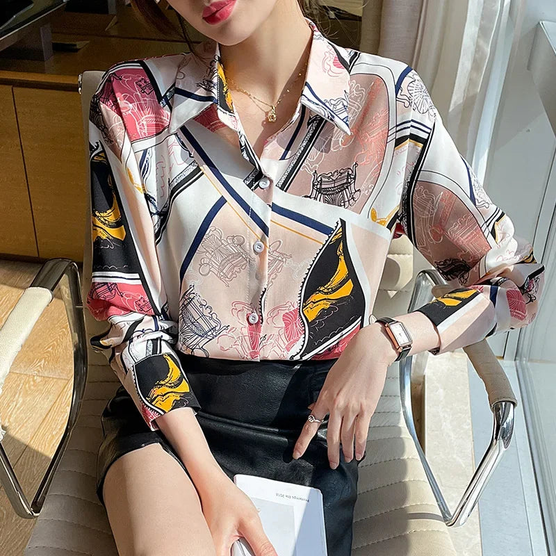 Chiffon Allover Printed Women's Blouses High Quality Long Sleeve Single Breasted Spring Summer Casual Lady Blouses