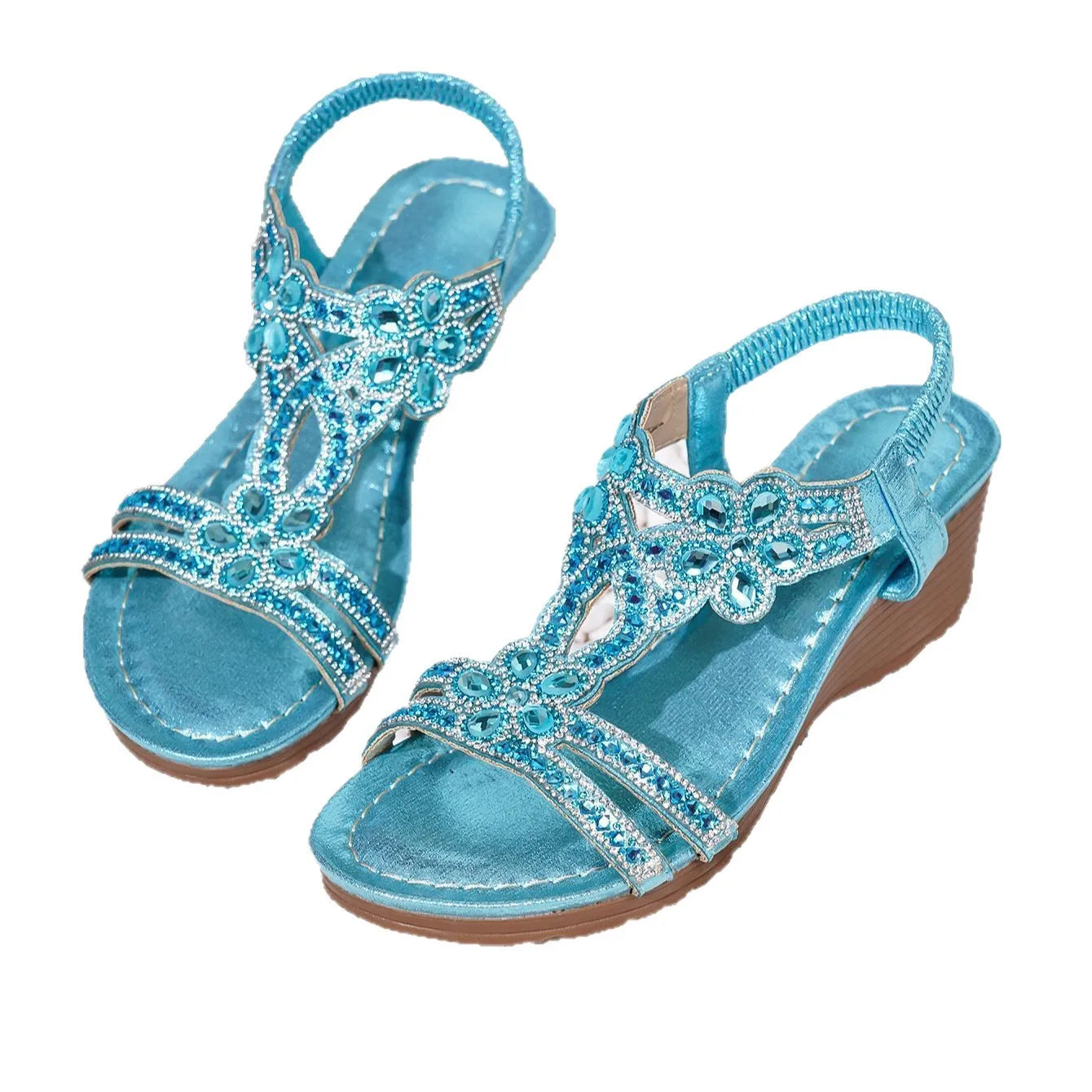 Bohemian Style Thick Heel Sandals Summer Fashion Beach Diamond Women's Shoes round Head Roman Style PU Leather Roman Sandals
