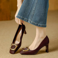 Basic Shallow Square Toe Women Pumps High Quality PU Leather Matte Thick Heel Office Shoes Woman Maroon 7CM High Heels