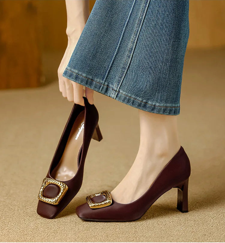 Basic Shallow Square Toe Women Pumps High Quality PU Leather Matte Thick Heel Office Shoes Woman Maroon 7CM High Heels
