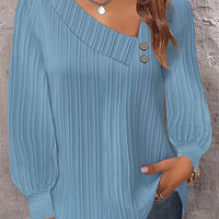 Simple Button V-neck Pullover Women's Solid Long Sleeve Casual T-shirts Elegant Lady Blouses