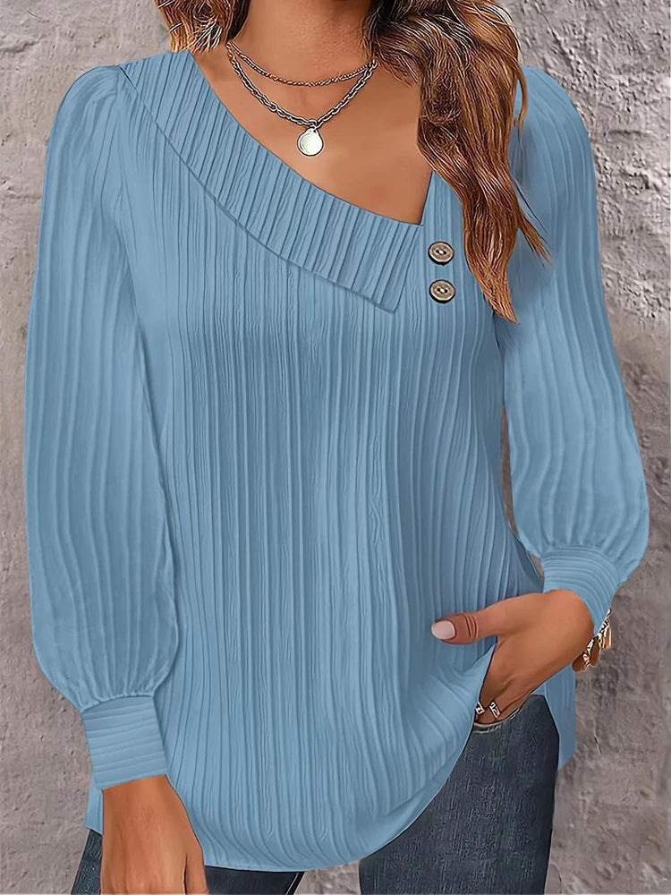 Simple Button V-neck Pullover Women's Solid Long Sleeve Casual T-shirts Elegant Lady Blouses