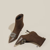 Fashionable Slim Fit Diamond Decorated Pointed Toe High Heel Bootie Mid-Calf Zipper Closure Leather Boot for Women