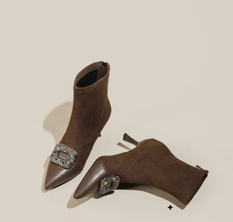 Fashionable Slim Fit Diamond Decorated Pointed Toe High Heel Bootie Mid-Calf Zipper Closure Leather Boot for Women