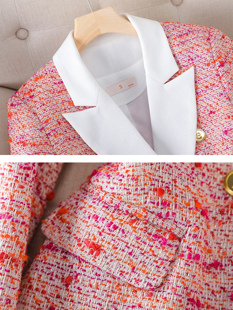 Fashion Red Plaid Ladies Blazer Jacket Women Long Sleeve Single Breasted Female Casual Coat