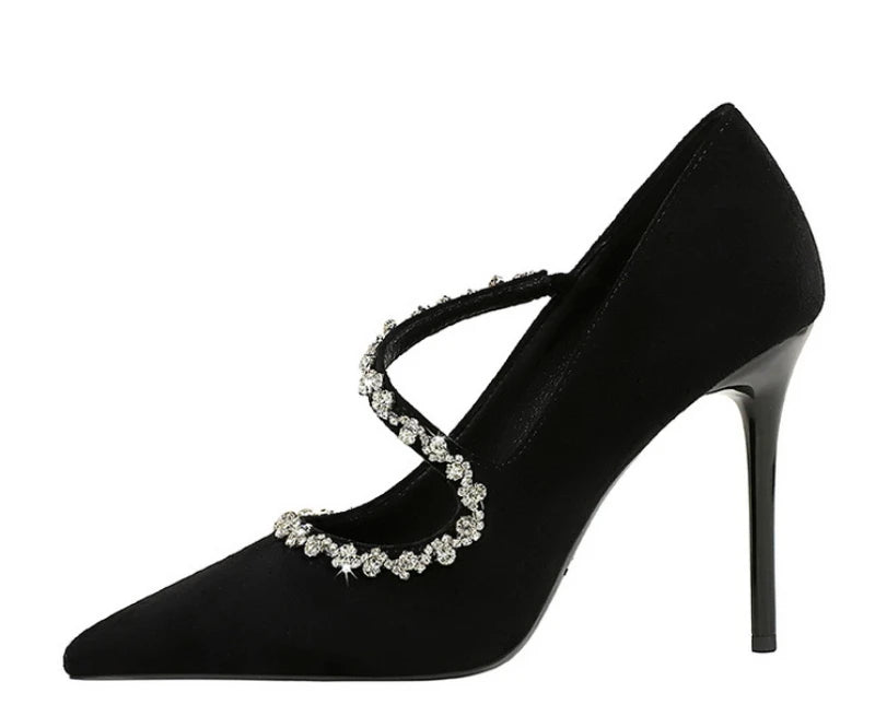 Banquet Pointed Toe High Heels Diamond Chain One-Strip Thin Heel Super High Heels Light Mouth Elegant Lace-Up