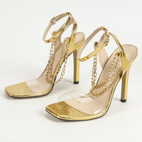 Women's Sexy High Heels Glass Glue Metal Chain Footwear Square Head Thin Heel Sandals Cross-Border Rubber Bottom Shoes