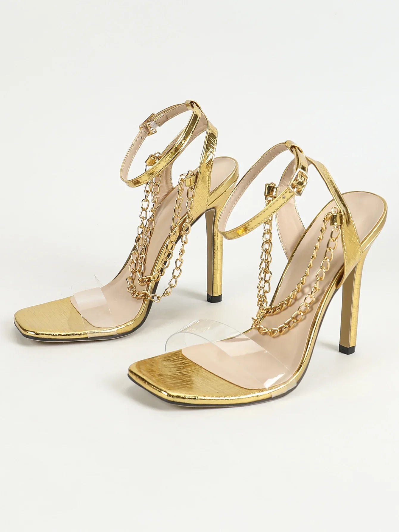 Women's Sexy High Heels Glass Glue Metal Chain Footwear Square Head Thin Heel Sandals Cross-Border Rubber Bottom Shoes