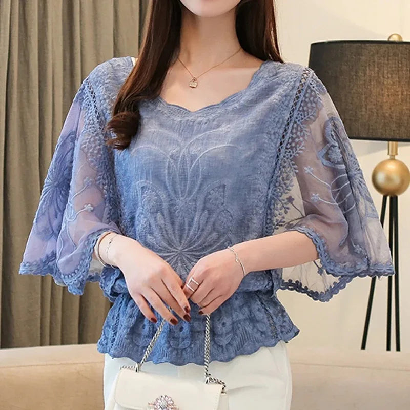 Loose Lace Blouse Women Butterfly Sleeve Chiffon Shirt Woman Fashion Casual Floral Shirt Tops
