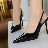 Fashion Women Pointed Toe Patent Leather High Heels Shallow Vamp Rhinestone Decorated Backless Strap Dress Shoes