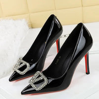 Banquet Pointed High Heels, Shallow Metal Rhinestone Thin Heel Patent Leather High Heels