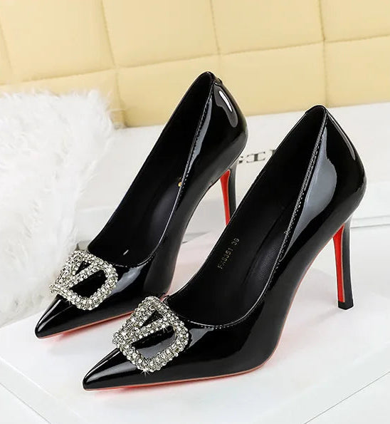 Banquet Pointed High Heels, Shallow Metal Rhinestone Thin Heel Patent Leather High Heels