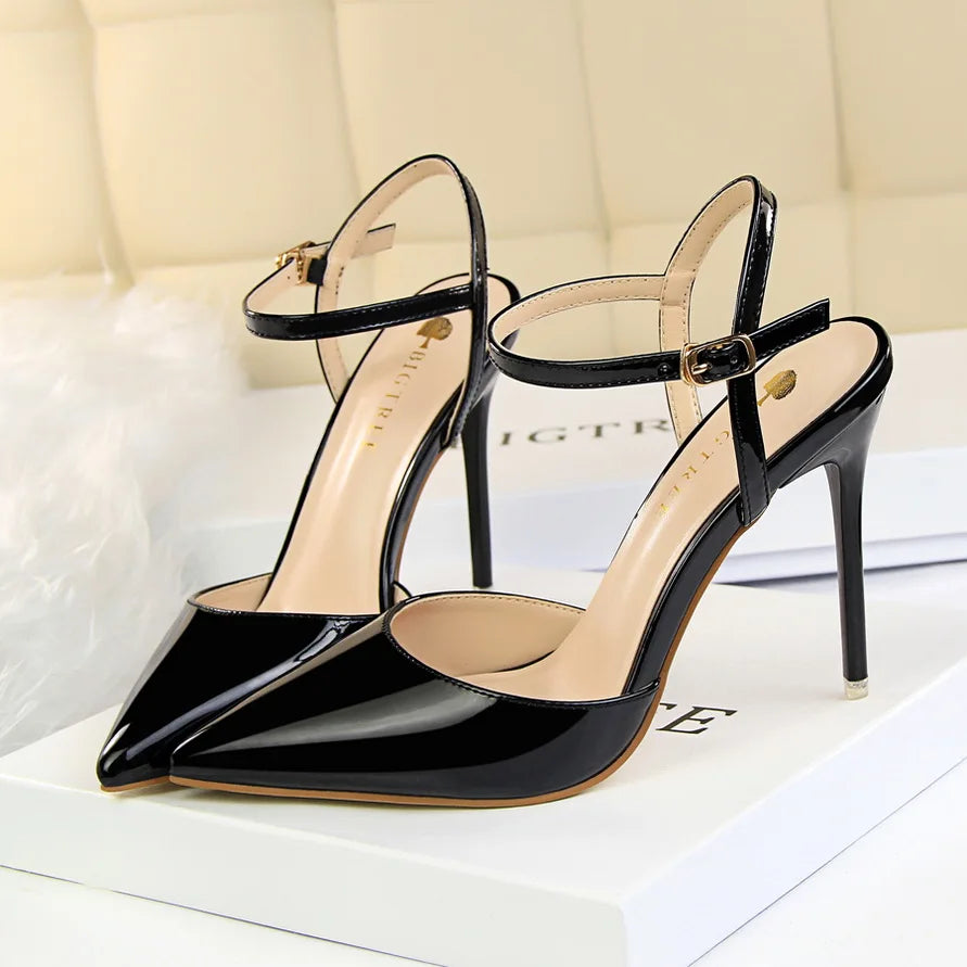 Women 10.5cm High Heels Sandals Lady Metallic Gray Patent Leather Stripper Ankle Strap Sandals Wedding Fetish Nightclub Shoes