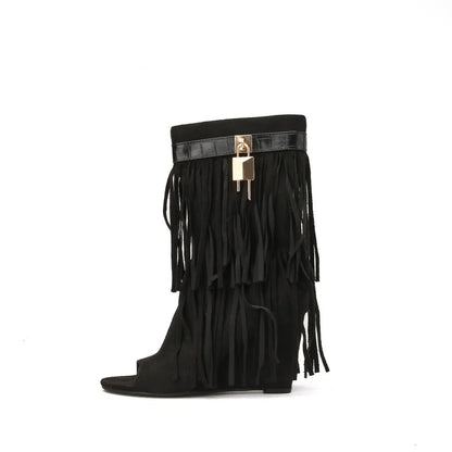 Designer Fringe Wedges Boot Sandals Woman High Heels Open Toe Party Prom Shoes Sexy Zipper Female Pumps Women Boots