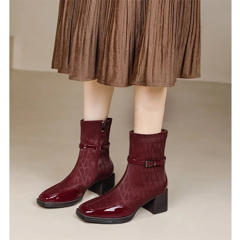 Women's Side Zipper Boot High Heel Short Boot Winter Mid-Calf Boot Chinese Style National Wedding Boot