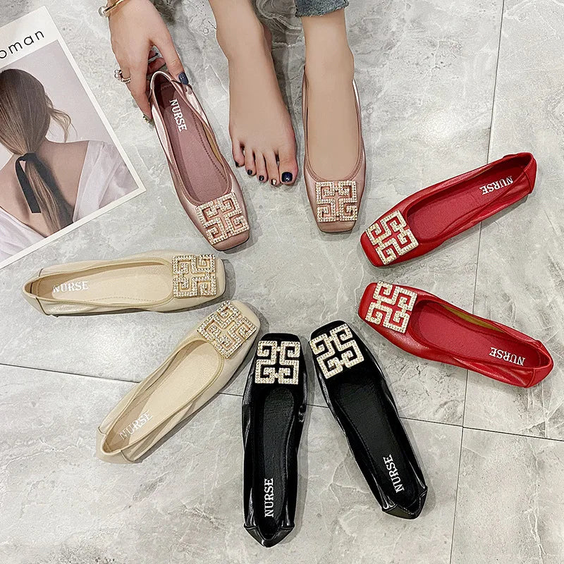 Rhinestones Buckle Flats Ballet Shoes Women Slip on Shallow Mouth Moccasins Elegant Women's Loafers Party Leather Ballerina