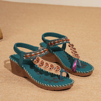 Bohemian Style Women's Sandals Summer Fashion Beach Slope Heel Slippers Beaded Diamond Slip-On round Toe PU Lined Mid Heel