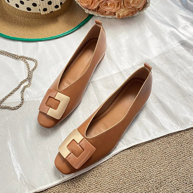 Woman Square Toe Low Heeled Metal Decoration Red Mary Janes Cute Casual Ballerina Female Flats Elegant Soft Soled Flat Shoes
