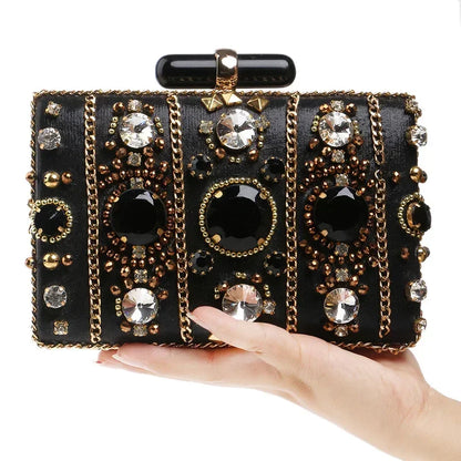 Women's Black Crystal Clutch Purse Luxury Formal Cocktail Party Evening Bag High Fashion Bead Diamonds Handbags