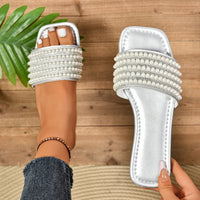 Women Luxury Pearl Slippers Square Toe Beach Flat Sandals Comfortable Non Slip Slippers  Slides Women