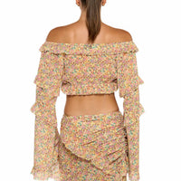 Chiffon Floral 2 Pc Bikini Set Long Sleeve Backless Crop Tops Women Transparent Bodycon Skirts Sexy Beach Casual