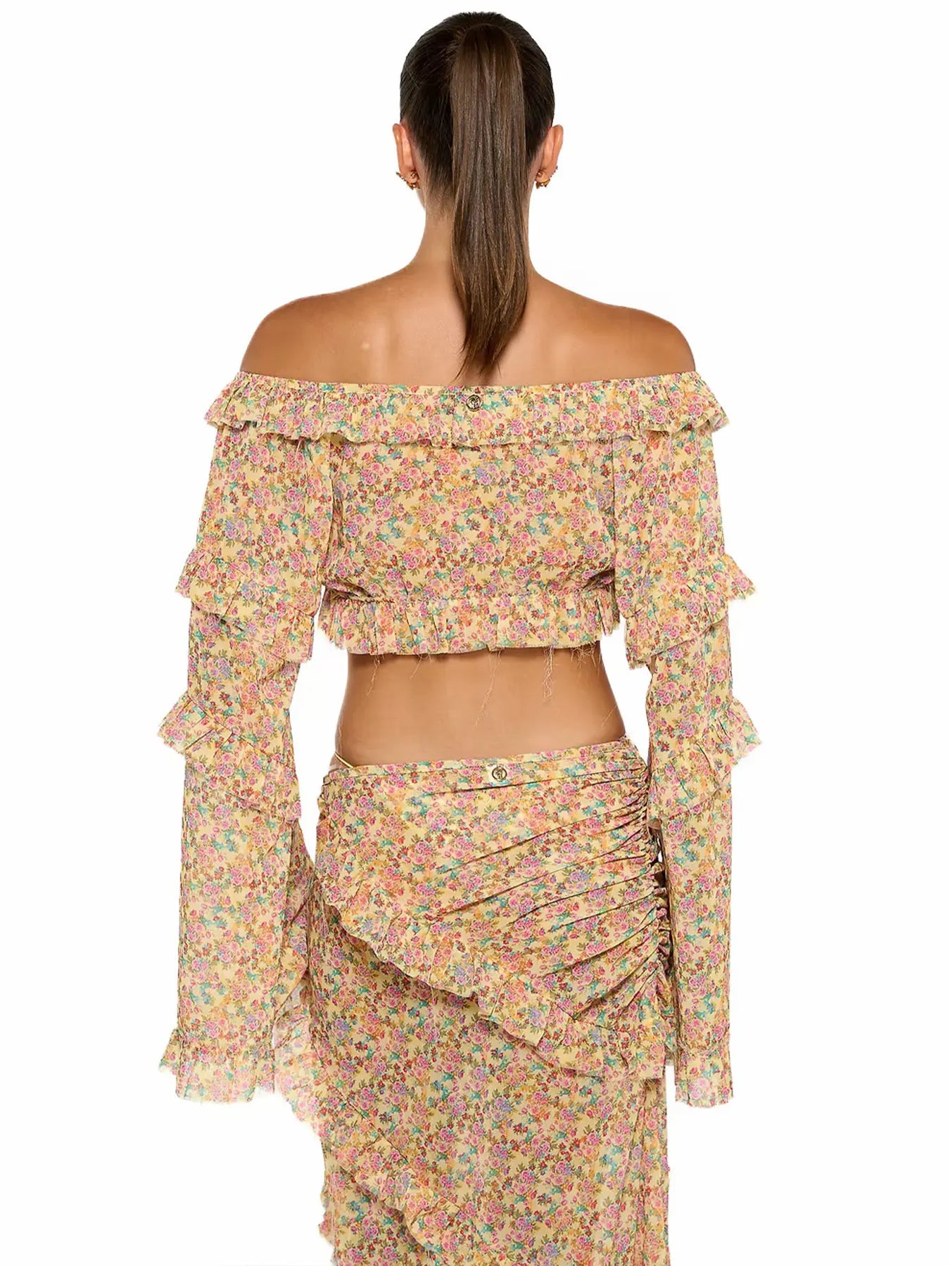 Chiffon Floral 2 Pc Bikini Set Long Sleeve Backless Crop Tops Women Transparent Bodycon Skirts Sexy Beach Casual