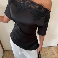 Elegant temperament women's top with lace splicing, sloping collar, waist cinching, solid color, irregular short sleeved top Natalia Home Fashion    Natalia Home Fashion