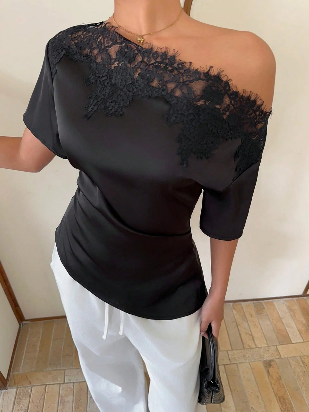 Elegant temperament women's top with lace splicing, sloping collar, waist cinching, solid color, irregular short sleeved top Natalia Home Fashion    Natalia Home Fashion
