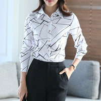 2025 New Women's White Striped Blouse Korean Slim Long Sleeve Printted Turn Down Collar Shirts Single-breasted Office Lady Shirt
